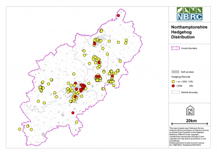 A map showing Hedgehog records in 2015 across Northants