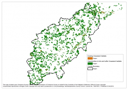 A map showing the opportunities for grassland development in Northamptonshire