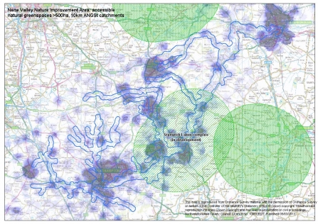 Map showing Accessible Natural Greenspace > 500ha within a 10km radius.