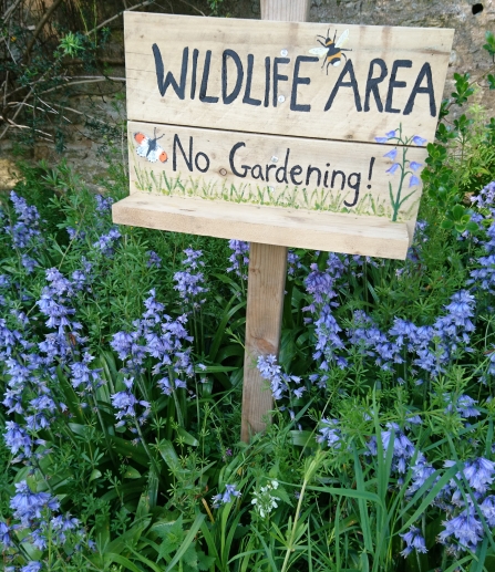 "Wildlife Area - no gardening!" sign amidst an array of wildflowers in a garden