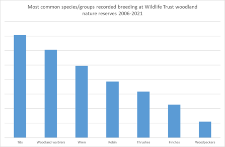 Graph showing most commonly recorded bird species groups at Wildlife Trust woodlands