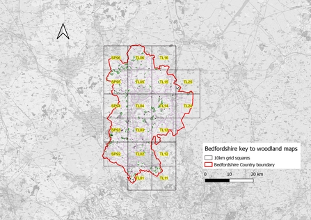 Key to areas of Bedfordshire with woodlands for survey 2024