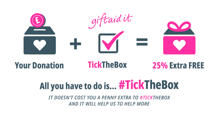 Gift Aid #TickTheBox campaign. Graphic reading "Your donation + TickTheBox = 25% Extra FREE". "All you have to do is... #TickTheBox. It doesn't cost you a penny extra to #TickTheBox and it will help us to help more.