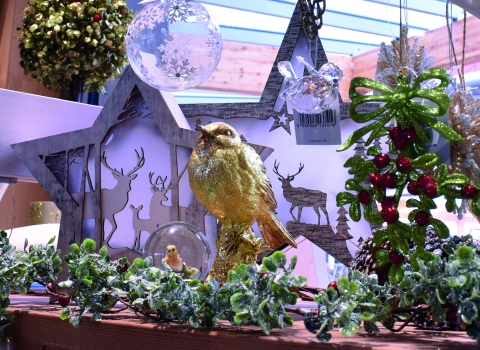 A festive display at the Nene Wetlands visitor centre with a golden bird