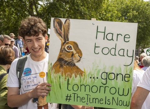 A young man holds a placard reading 'Hare today... gone tomorrow' with an illustration of a hare