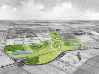 Artist impression of Speechly's farm after habitat restoration - an birdseye view of multiple wetland areas, more trees and lush greenery