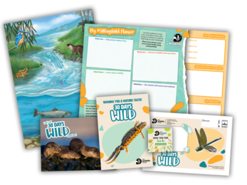 30 Days Wild resources including an illustrated poster of a river with wildlife around it, seeds and a poster to write on