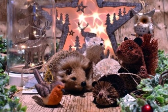 An array of Christmassy woodland animals and lights on sale at the Nene Wetlands Visitor Centre in 2017