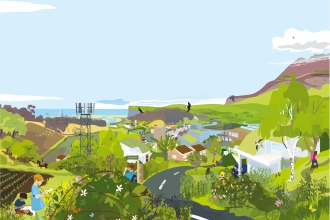 An illustration showing development alongside a wide range of green space and wildlife at the coast