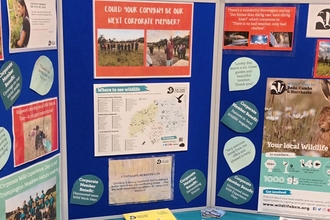 stand at a fayre with lots of corporate resources, one poster reading "could your company be our next corporate member?"