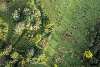 Drone image of Muchwood Burial Site on a sunny day