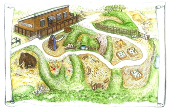Pencil drawing of Paxton Pits Environmental Education Centre showing wooden building with balustrades and the grounds with green mounds, gravel paths , raised ponds and a sandpit and mammoth