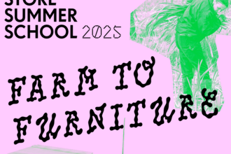 Pink background, text reads Store Summer School 2025 Farm to Furniture. green image of a person carrying a large bundle of plant stems