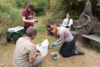 Three work experience students help with surveying newt traps with Henry. One takes photos on a phone, one sits on the bench recording on a clipboard and one kneels to open to traps