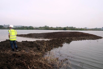 Person standing on lake island