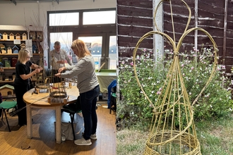 2 images: Willow weaving workshop, and christmas angel