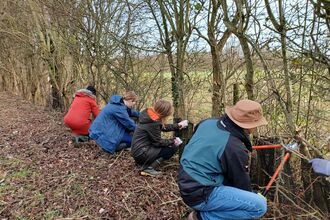 Youth Rangers removing tree guards on Cambourne Nature Reserve by Rebecca Neal