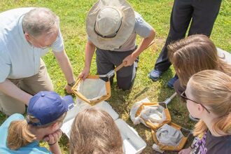 A group of teens gather around to look at what they have caught in their sweep nets on a field