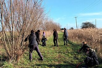 A group of teenagers cutting trees with small saws