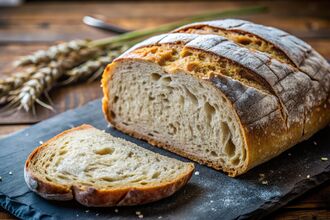 A flour-dusted crusty sourdough loaf, with a slice cut off from the end, sat on a slate breadboard with ears of wheat behind