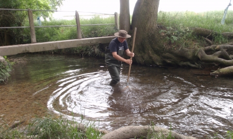 Conducting a river survey in waders