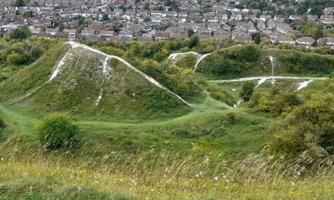 Blows Downs Aerial image showing the hills and chalky pathways