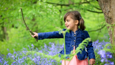 Child in bluebells with stick by Tom Marshall