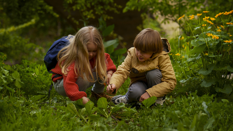 Boy and girl looking at plants