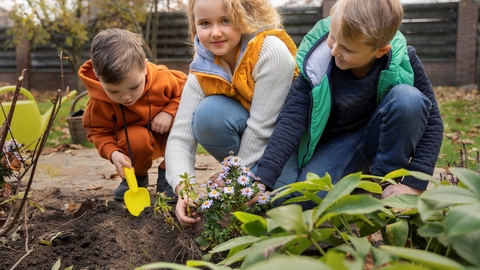 Three children in the garden planting