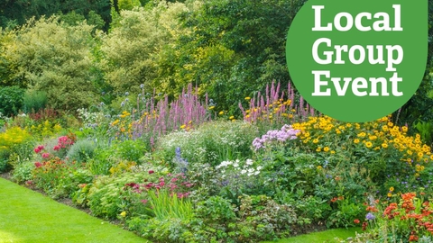 Beautiful colourful garden display at Clare College Cambridge, "Local Group event" icon overlaid