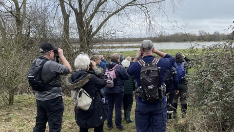 Group of people looking at lake with binoculars