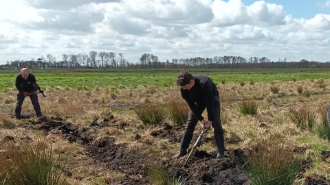 Young man digs in peat soil as staff member uses pickaxe on ground