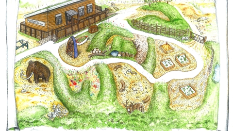 Pencil drawing of Paxton Pits Environmental Education Centre showing wooden building with balustrades and the grounds with green mounds, gravel paths , raised ponds and a sandpit and mammoth
