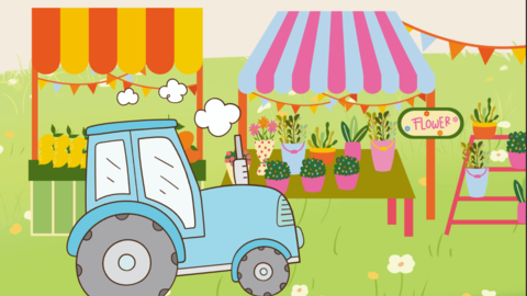 A cartoon featuring a blue tractor, fair stalls and bunting