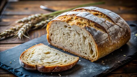 A flour-dusted crusty sourdough loaf, with a slice cut off from the end, sat on a slate breadboard with ears of wheat behind