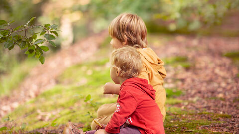 two toddlers sitting on a woodland track facing sideways looking into a woodland, one younger toddler in the foreground, an older one behind. The ground is mossy and leaf strewn.