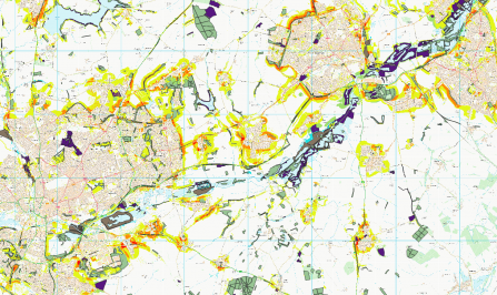 A map showing the potential for nature restoration for multiple opportunities, with colour-coded overlays representing different habitats