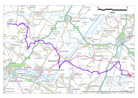A map of the 39-mile Rothschild Way Challenge walk with the route marked in purple