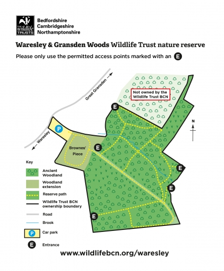 A map showing permitted access points into Waresley Wood