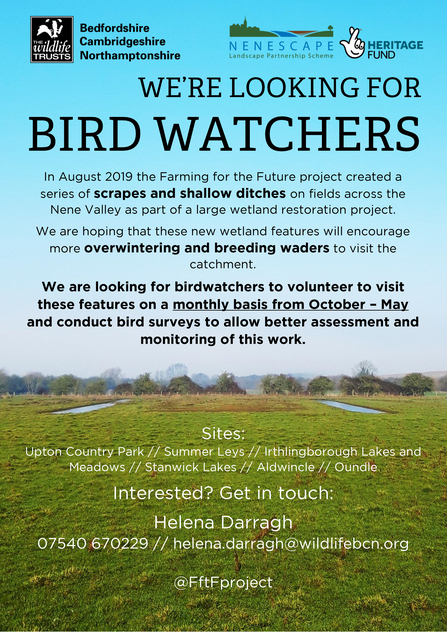 An advert for bird watcher volunteers in the Nene Valley