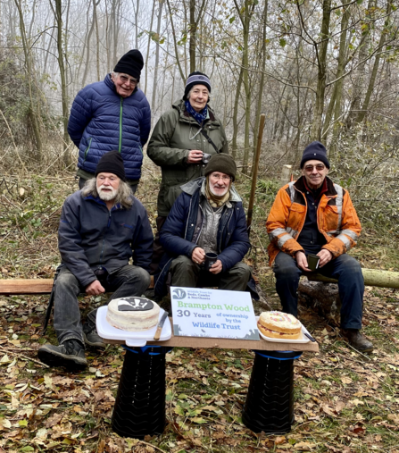 Brampton Wood volunteers from 30 years ago: Evan and Pam Peacock, Roger Orbell, Martin Baker and Alf Peacock, photo Caroline Fitton