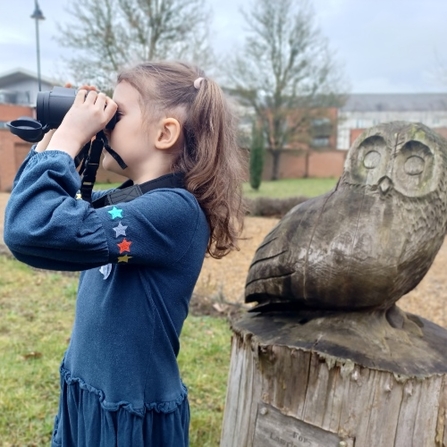 Young person looking through binoculars, outdoors, standing next to an wooden owl sculpture