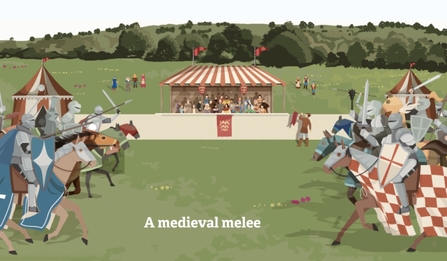 A graphic depicting a medieval melee, two opposing sides of knights in armour on horses charging towards each other
