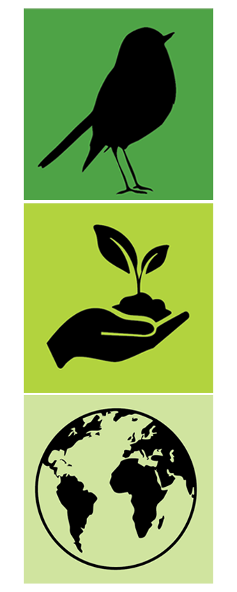 Three green boxes on top of each other, one with a silhouetted bird, one a silhouetted hand holding a sprouting plant and one the globe.