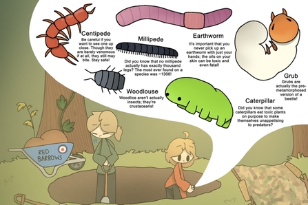 A graphic depicting two people digging a pond and highlighting minibeats they might find; centipede, millipede, earthworm, grub, woodlouse and caterpillar.