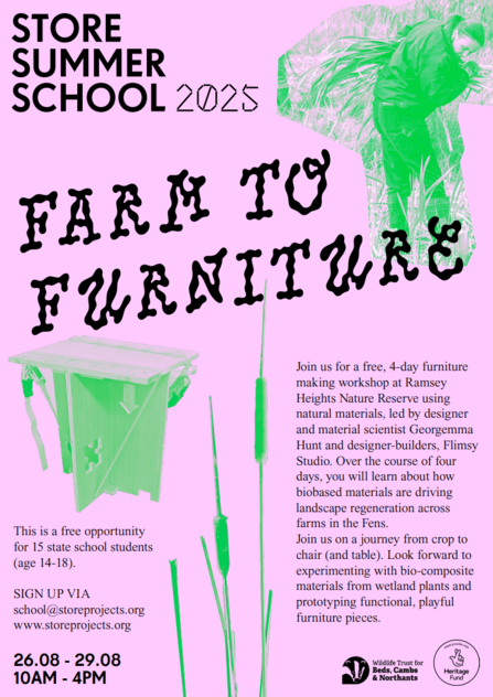 Pink background, text reads Store Summer School 2025 Farm to Furniture. green image of a person carrying a large bundle of plant stems. Extra text appears in event description