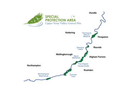 A map depicting the nature reserves in the Upper Nene Valley SPA