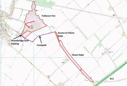 A map showing the access points for Fleam Dyke