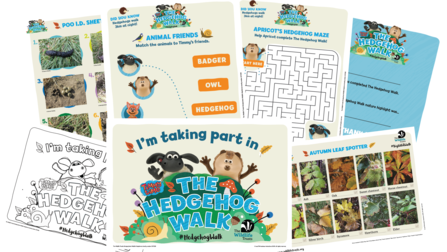 The Hedgehog Walk digital downloadable materials including poo ID sheet, leaf spotter, a colouring sheet and poster, a maze puzzle, an animal match puzzle and a certificate
