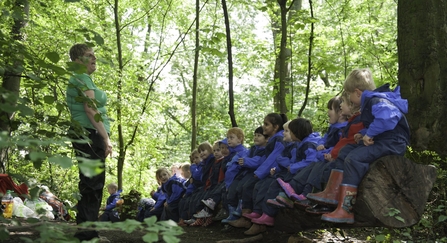 Children sitting in a forest taking part in a forest school